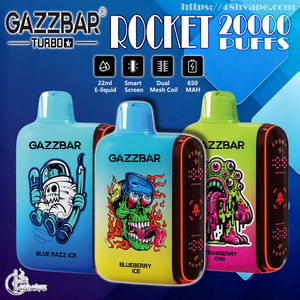 Colorful promotional image for GAZZBAR Rocket disposable vapes showing three illustrated pods labeled Blue Razz Ice, Blueberry Ice, and Strawberry Kiwi, with large text advertising 20,000 puffs and icons indicating 22ml e-liquid, smart screen, dual mesh coil, and 650 mAh battery.