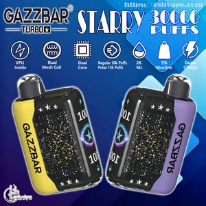 Two GAZZBAR Turbo Starry disposable vape devices (one yellow, one purple) with starry constellation panels and text 'Starry 30000 puffs', surrounded by icons for VPU inside, dual mesh coil/dual core, 30k/15k puffs, 28 ml, 5% nicotine and quick charge on a blue gradient background