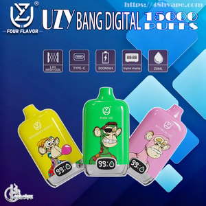 Three colorful UZY Bang Digital disposable vape devices (yellow, green, pink) featuring cartoon ape illustrations and a front digital display reading 99%, with branding text advertising 15,000 puffs and icons for 1.2Ω mesh coil, Type‑C charging, 500mAh battery and 20ml capacity on a blue geometric background.