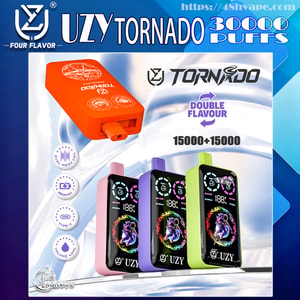 Advertisement for UZY Tornado disposable vapes showing three colorful devices (pink, purple, lime green) and an orange close-up, digital display artwork on the screens, and text announcing 30000 puffs and double flavour 15000+15000, with small icons for dual mesh coil, 850mAh, Type‑C charging, and 10ml volume.