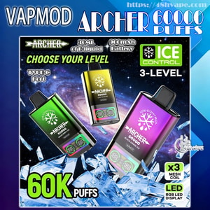 Three colorful Vapmod Archer disposable vape devices (green, gold, purple) floating over ice crystals against a starry background, surrounded by labels reading "Vapmod Archer 60000 puffs", "30mL of e-liquid", "900mAh battery", "Type-C port", "Ice Control 3-level", "x3 mesh coil", and "LED RGB display".