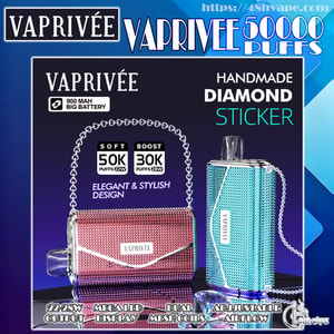 Two rhinestone-studded Vaprivée disposable vapes — a horizontal pink-purple clutch-style device and an upright turquoise-blue device with a chain strap — displayed on a blue gradient background with labels reading Handmade Diamond Sticker, 900 mAh big battery, and 50K puffs.