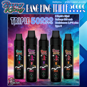 Five black Bang King Triple disposable vape devices with colorful rocket illustrations arranged against a cosmic gradient background, branded "Triple 50,000 puffs" and accompanied by specs reading E-liquid: 28ml, Battery: 600 mAh, Resistance: 1.0*3 ohm, Type C.