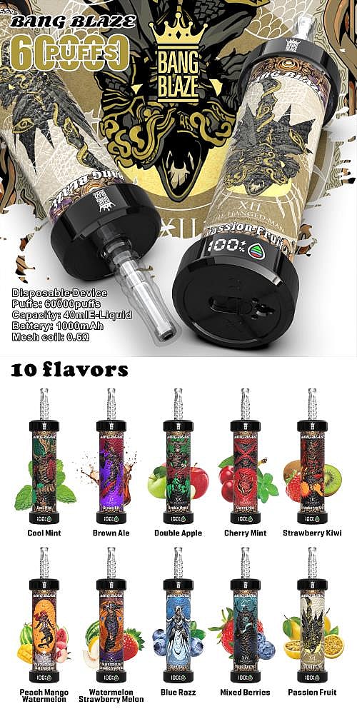 Promotional poster for Bang Blaze 60,000-puff disposable vape showing two ornate gold-and-black cylindrical devices with clear mouthpieces, product specs (40mL e-liquid, 1000mAh battery, 0.6Ω mesh coil), and a grid of ten illustrated flavor variants labeled Cool Mint, Brown Ale, Double Apple, Cherry Mint, Strawberry Kiwi, Peach Mango Watermelon, Watermelon Strawberry Melon, Blue Razz, Mixed Berries, and Passion Fruit.