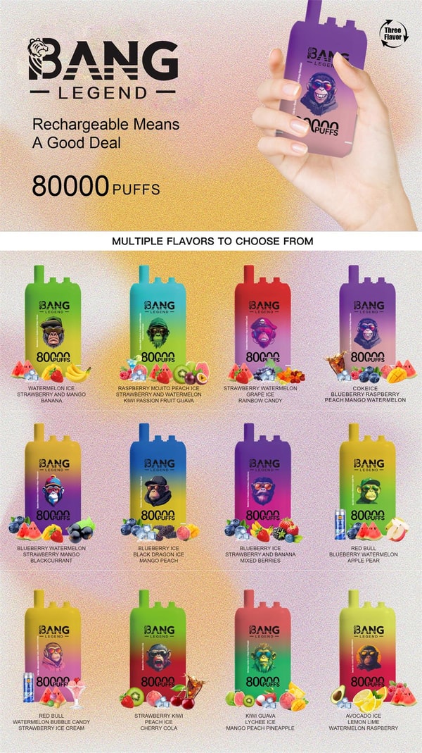 Promotional poster for Bang Legend rechargeable vape devices advertising 80,000 puffs, showing a hand holding a purple unit at the top and a grid of colorful gradient devices below, each labeled with different flavor names and illustrated fruit icons.