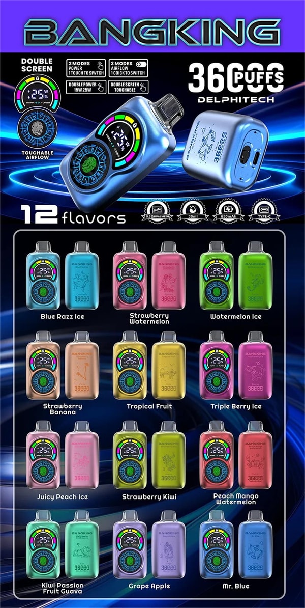 Promotional poster for BANGKING Delphitech dual‑screen disposable vape advertising 36,000 puffs, showing a metallic blue device with circular touch displays and touchable airflow plus icons for 0.6Ω dual mesh, 30 ml, 650 mAh and Type‑C, and a grid of 12 colorful flavor variants labeled Blue Razz Ice, Strawberry Watermelon, Watermelon Ice, Strawberry Banana, Tropical Fruit, Triple Berry Ice, Juicy Peach Ice, Strawberry Kiwi, Peach Mango Watermelon, Kiwi Passion Fruit Guava, Grape Apple, and Mr. Blue.