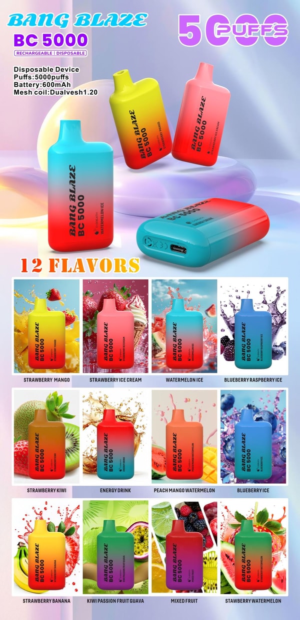 Vibrant promotional poster for the Bang Blaze BC5000 rechargeable disposable vape showing colorful gradient devices, prominent “5000 puffs” and specs (battery 600mAh, mesh coil), and twelve flavor thumbnails labeled Strawberry Mango, Strawberry Ice Cream, Watermelon Ice, Blueberry Raspberry Ice, Strawberry Kiwi, Energy Drink, Peach Mango Watermelon, Blueberry Ice, Strawberry Banana, Kiwi Passion Fruit Guava, Mixed Fruit, and Strawberry Watermelon.