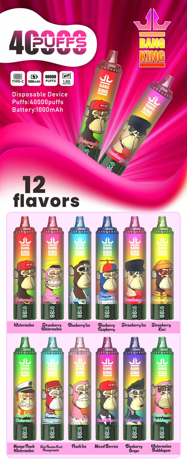 Bright pink promotional poster for Bang King disposable vape devices showing two angled rainbow-gradient sticks and a grid of 12 colorful devices with cartoon ape illustrations and flavor names, featuring a large "40000 puffs" claim, Type‑C and 1000mAh icons, mesh coil info and the Bang King logo.