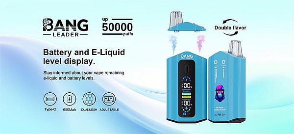 Blue Bang Leader vape advertisement showing two blue pod devices—one front view with a digital battery and e‑liquid display reading 100% and puff info, and one rear view with a colorful penguin logo—surrounded by text noting up to 50,000 puffs, 'Battery and E‑Liquid level display', icons for Type‑C, 650mAh, Dual Mesh and Adjustable, and a double‑flavor graphic with pink and blue vapor.