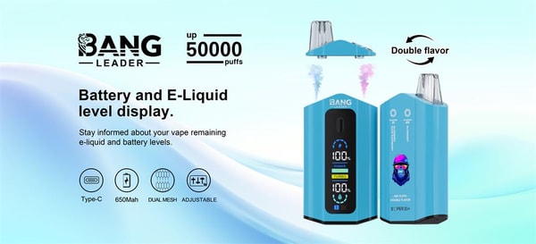 Blue Bang Leader vape advertisement showing two blue pod devices—one front view with a digital battery and e‑liquid display reading 100% and puff info, and one rear view with a colorful penguin logo—surrounded by text noting up to 50,000 puffs, 'Battery and E‑Liquid level display', icons for Type‑C, 650mAh, Dual Mesh and Adjustable, and a double‑flavor graphic with pink and blue vapor.