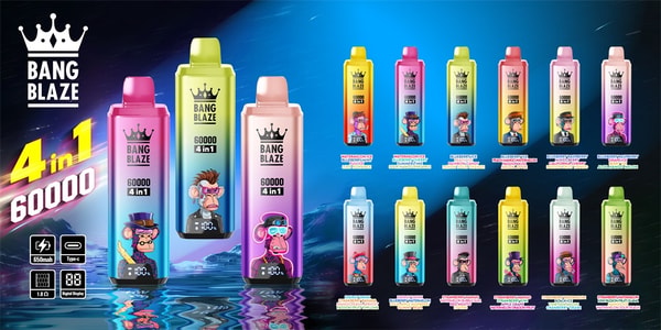 Promotional banner showing three oversized gradient Bang Blaze disposable vape devices labeled '60000 4in1' with cartoon ape graphics and crown logo, surrounded by a grid of smaller multicolored devices and flavor names set on a blue space-and-water reflection background with a prominent '4 in 1 60000' callout and small technical icons.