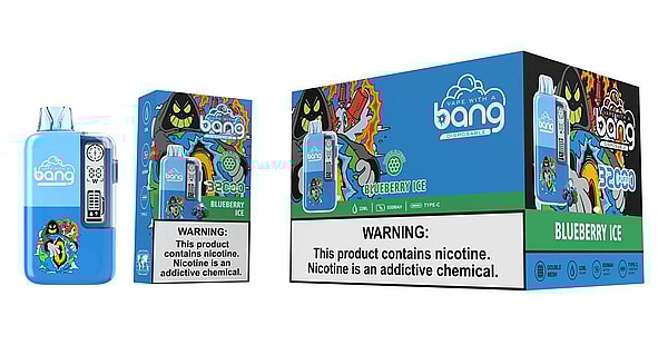 Three views of a blue Bang disposable vape — the device, a retail box, and a larger carton — labeled Blueberry Ice with colorful cartoon artwork and a prominent nicotine warning label.