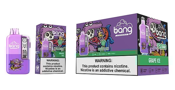 Purple disposable vape device and two matching retail boxes labeled “Bang” Grape Ice featuring colorful cartoon skull and sea-creature artwork and prominent nicotine-warning panels on the packaging.