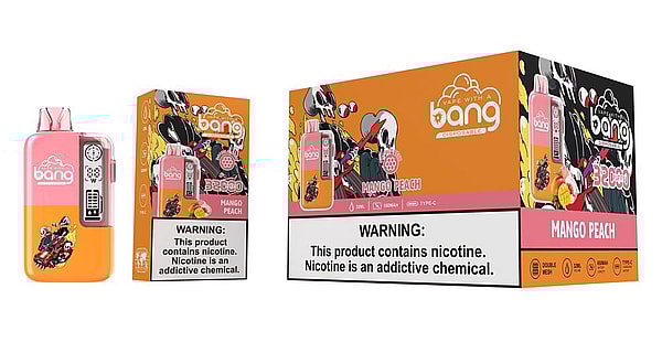 Three views of a pink-and-orange Bang disposable vape and its Mango Peach packaging — the device with a small digital display and skull-themed artwork, a small retail box and a larger display box prominently labeled Mango Peach and showing a nicotine warning, flavor images and branding.