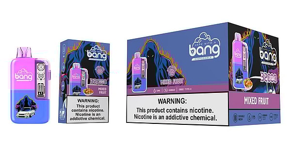 Pink and blue Bang disposable vape device alongside two matching Mixed Fruit product boxes with a hooded flame illustration, product imagery and a prominent nicotine warning label, on a white background.
