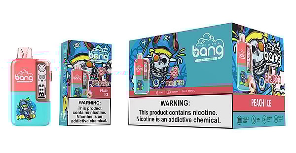 Two Bang Peach Ice disposable vape devices and matching boxes in pink and teal with a colorful pirate-skull graphic and a large warning label stating the product contains nicotine.