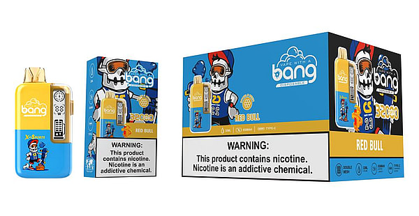 Three views of a Bang disposable vape product in blue and yellow Red Bull packaging: a yellow-and-blue vape device with a skull-sport mascot illustration, a small retail box and a larger display box bearing the Bang logo, flavor name 'Red Bull', and a prominent nicotine warning label.