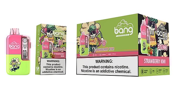 Pink-and-green Bang disposable vape device next to two Strawberry Kiwi product boxes featuring colorful cartoon artwork, flavor name and a prominent nicotine warning label.