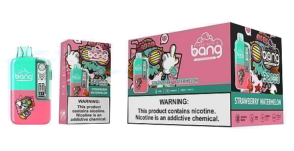 Pink-and-teal Bang disposable vape and matching strawberry-watermelon flavored box featuring a colorful cartoon skull with sunglasses and a prominent nicotine warning label.