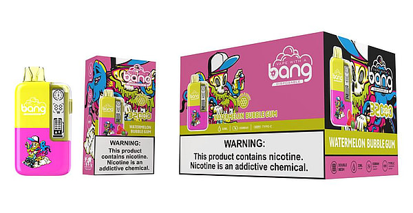 Bright pink-and-yellow Bang disposable vape device next to two matching Watermelon Bubble Gum product boxes with colorful cartoon skull artwork and a prominent nicotine warning label.