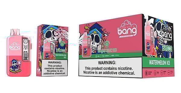 Pink Bang disposable vape device alongside two matching Watermelon Ice product boxes with skull-themed artwork, flavor name and a prominent nicotine warning label
