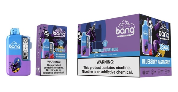 Blue-and-purple Bang disposable vape device shown beside its matching single-pack box and larger display box, all labeled "Blueberry Raspberry" with a skull character and flavor icons and a prominent "WARNING: This product contains nicotine. Nicotine is an addictive chemical." label.