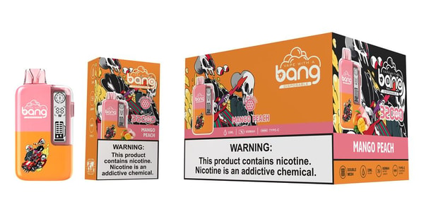 Three views of a pink-and-orange Bang disposable vape and its Mango Peach packaging — the device with a small digital display and skull-themed artwork, a small retail box and a larger display box prominently labeled Mango Peach and showing a nicotine warning, flavor images and branding.