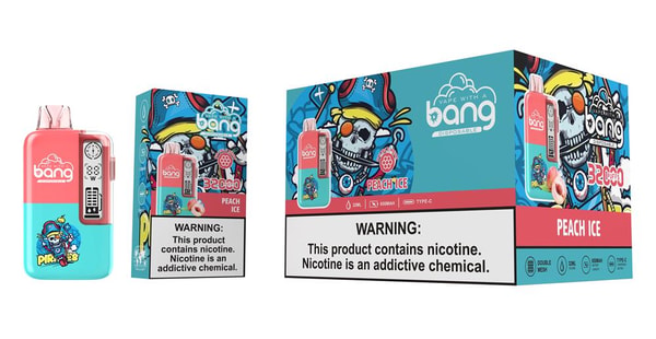 Two Bang Peach Ice disposable vape devices and matching boxes in pink and teal with a colorful pirate-skull graphic and a large warning label stating the product contains nicotine.