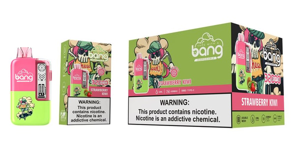 Pink-and-green Bang disposable vape device next to two Strawberry Kiwi product boxes featuring colorful cartoon artwork, flavor name and a prominent nicotine warning label.