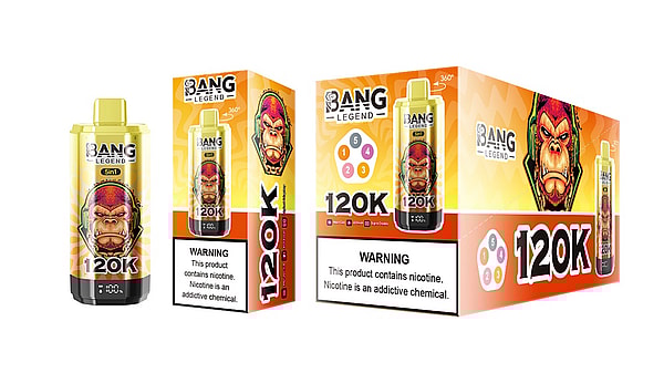 Yellow-orange Bang Legend disposable vape device and two matching boxes shown from different angles, each displaying a fierce gorilla illustration, the large '120K' label, small colored flavor icons, and a nicotine warning panel.