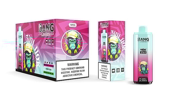 Colorful pink and teal retail box, display sleeve, and disposable device for 'BANG Legend' 3-in-1 110K vape, featuring a stylized cartoon monkey logo, flavor labels, and a prominent nicotine warning label.