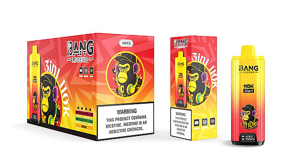 Bright red-to-yellow gradient packaging and a matching disposable vape device branded "Bang Legend" showing a stylized monkey wearing headphones, a prominent 110K 3in1 label, a 10-piece box, and a visible nicotine warning label on the packaging.