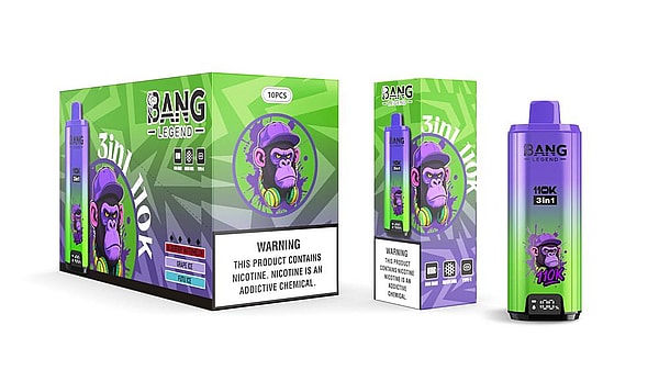 Green-and-purple Bang Legend 110K 3-in-1 disposable vape device displayed beside matching retail boxes featuring a stylized purple monkey logo, flavor labels, and a prominent nicotine warning panel.