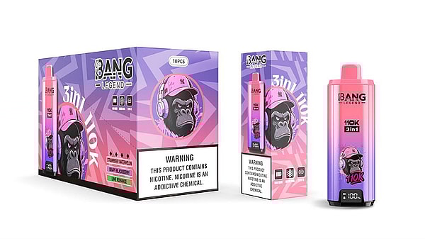 Three pink-to-purple gradient vape product visuals: a large retail display box and a slimmer box showing the BANG LEGEND gorilla mascot wearing a pink cap and headphones, and a matching pod device labeled 110K 3in1, with a prominent nicotine warning panel.