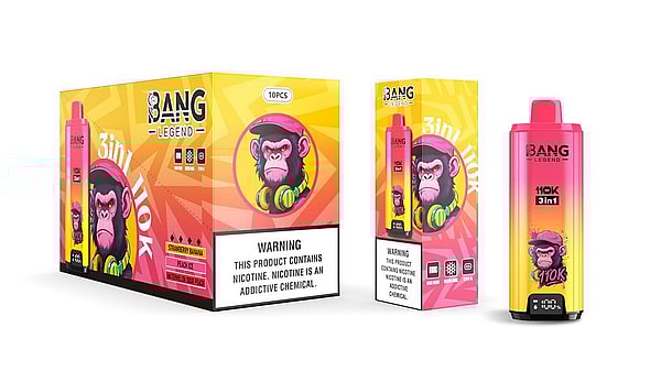 Bright yellow-to-pink gradient product display showing a large 10-piece retail box, a single retail sleeve, and a matching disposable vape device branded "BANG Legend" featuring a stylized pink-faced chimp wearing headphones, "110K 3in1" text on the device, and a prominent nicotine warning label on the packaging.