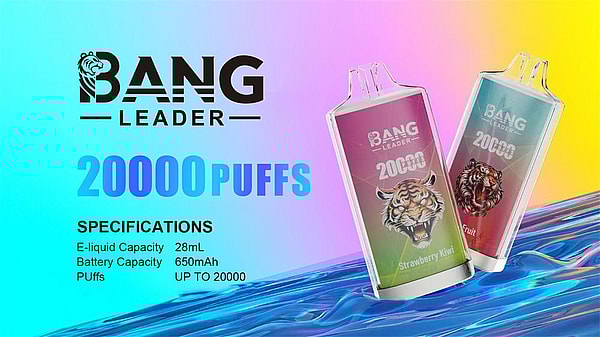 Colorful gradient advertisement for BANG LEADER 20000 puffs disposable vapes with the brand and tiger logo at top left, two rectangular vape devices with tiger artwork labeled Strawberry Kiwi and Fruit on a wavy blue surface, and specifications reading 28mL e-liquid, 650mAh battery, up to 20,000 puffs.