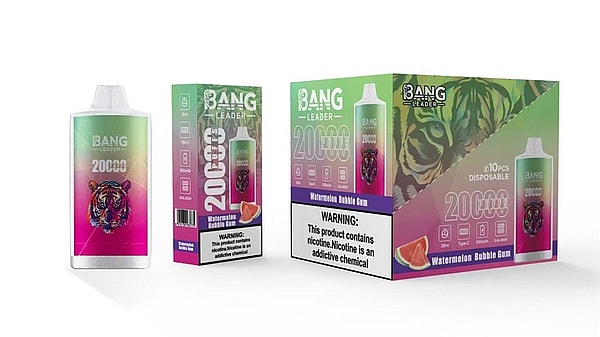 Bang Leader disposable vape device and two retail boxes in a green-to-pink gradient featuring a colorful tiger illustration and a watermelon slice, labeled 20000 puffs Watermelon Bubble Gum with a nicotine warning.