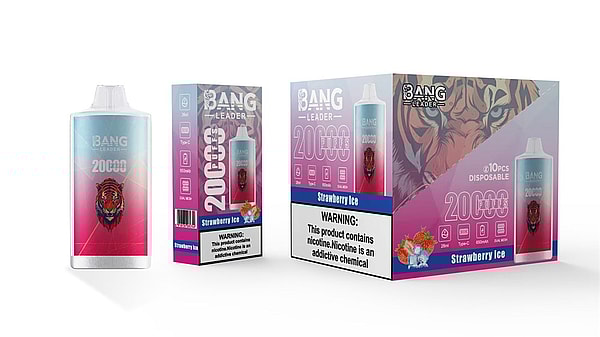 Disposable vape device and two product boxes for 'BANG Leader' Strawberry Ice, showing a pink-to-blue gradient can with a tiger logo, prominent "20,000 puffs" text and a visible nicotine warning on the packaging