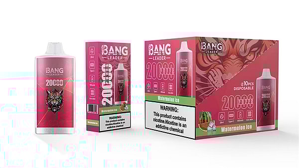 Pink Bang Leader disposable vape device and matching packaging labeled "20,000 puffs" and "Watermelon Ice," featuring a tiger logo and a visible nicotine warning on the boxes.