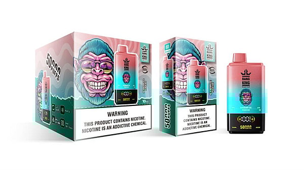 Disposable Bang King vape device and matching retail box in a pink-to-teal gradient, prominently labeled 50,000 puffs with a nicotine warning panel and colorful packaging graphics.