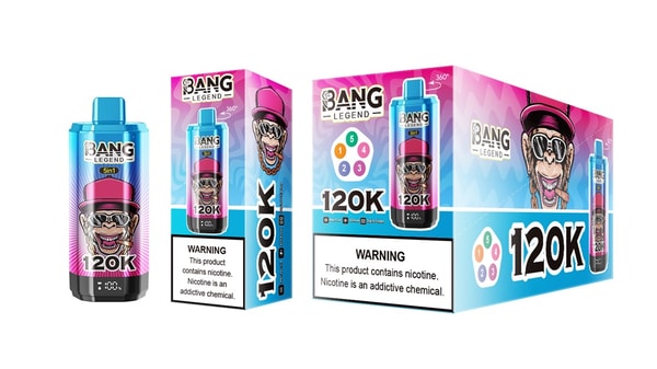 Three views of a brightly colored Bang Legend 120K disposable vape and its retail boxes, showing a pink-and-blue gradient design with a grinning cartoon monkey wearing a top hat and goggles, product image, and a prominent nicotine warning label.