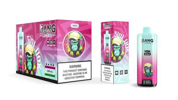 Colorful pink and teal retail box, display sleeve, and disposable device for 'BANG Legend' 3-in-1 110K vape, featuring a stylized cartoon monkey logo, flavor labels, and a prominent nicotine warning label.
