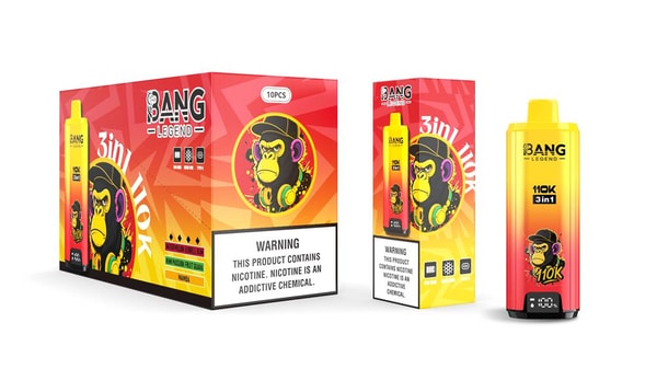 Bright red-to-yellow gradient packaging and a matching disposable vape device branded "Bang Legend" showing a stylized monkey wearing headphones, a prominent 110K 3in1 label, a 10-piece box, and a visible nicotine warning label on the packaging.