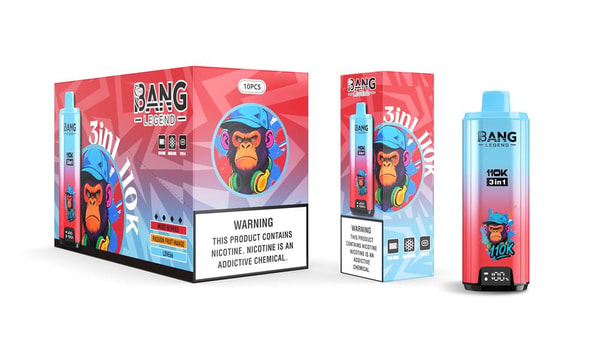Colorful disposable vape product set featuring a red-to-blue gradient device and two matching boxes branded BANG LEGEND, showing '110K' and '3in1' text, flavor labels such as Mixed Berries and Passion Fruit Mango, a 10PCS count, and a prominent nicotine warning on the packaging.