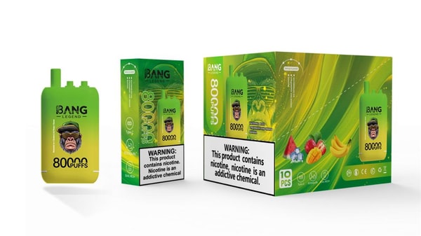 Green-and-yellow Bang Legend disposable vape device and matching retail boxes showing a stylized monkey logo, large "80,000 puffs" text, fruit flavor images, and prominent nicotine-warning labels on the packaging.