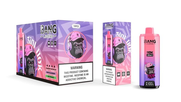Three pink-to-purple gradient vape product visuals: a large retail display box and a slimmer box showing the BANG LEGEND gorilla mascot wearing a pink cap and headphones, and a matching pod device labeled 110K 3in1, with a prominent nicotine warning panel.