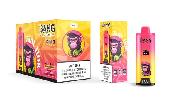 Bright yellow-to-pink gradient product display showing a large 10-piece retail box, a single retail sleeve, and a matching disposable vape device branded "BANG Legend" featuring a stylized pink-faced chimp wearing headphones, "110K 3in1" text on the device, and a prominent nicotine warning label on the packaging.