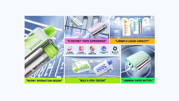 Collage advertisement of a compact metallic pod device with green and blue accents showing close-ups and product variants and labeled features — rotary interaction design, “8 distinct taste experiences,” larger e‑liquid capacity, dual mesh coil, adjustable airflow and 4‑level wattage control, and a 1000mAh battery.