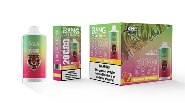 Three strawberry‑watermelon 'Bang Leader' vape items on a white background: a gradient pink‑to‑green disposable device with a roaring tiger logo, its small retail box, and a larger display box labeled "20,000 puffs" and showing a nicotine warning.