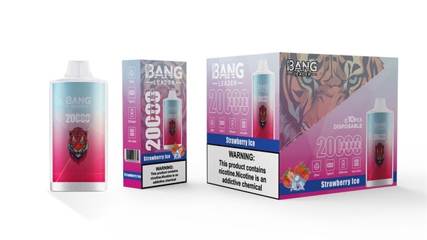 Disposable vape device and two product boxes for 'BANG Leader' Strawberry Ice, showing a pink-to-blue gradient can with a tiger logo, prominent "20,000 puffs" text and a visible nicotine warning on the packaging